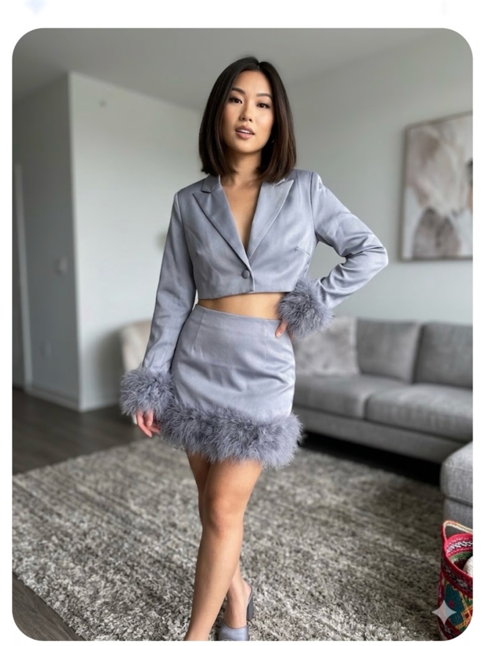 Windsor Silver-Grey Feather Trim Mini Skirt Set
